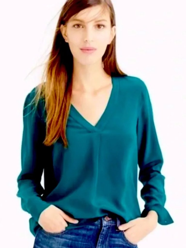J. Crew 100% Silk Teal V-Neck Long Sleeve Blouse